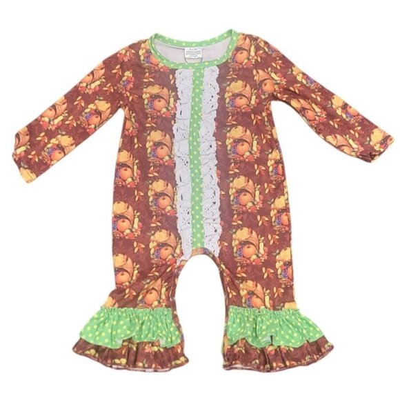 Fall Harvest Baby Romper With Green Polka Dot Ruffles & Lace Trim - Picture 1 of 4